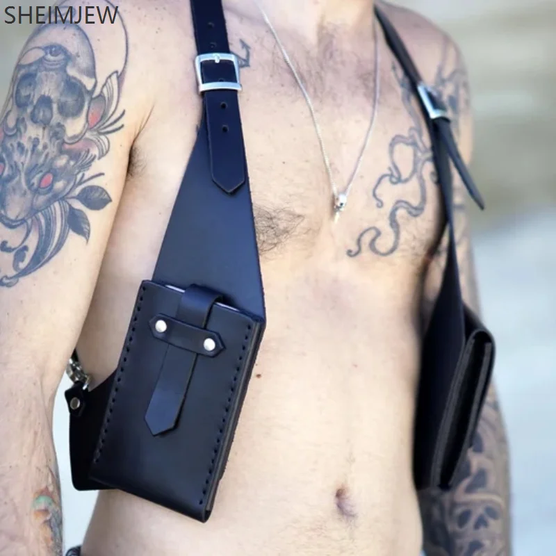 패션 더블 어깨 스트랩 멀티 포켓 남자 야외 도난 방지 가슴 가방 중세 가죽 다기능 Crossbody 가방 Walle