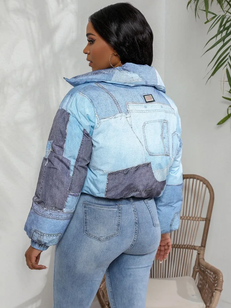 RT Casual Women Jackets Turn Down Collar Zippers Velvet Denim Coat Winter Autumn Print Overcoat