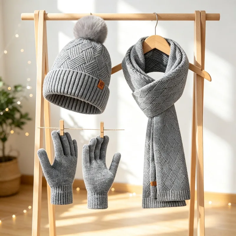 Double‑Layer Fleece‑Lined Warm Knit Hat Scarf Gloves 3‑Pack Set For Women Autumn Winter Daily Wear