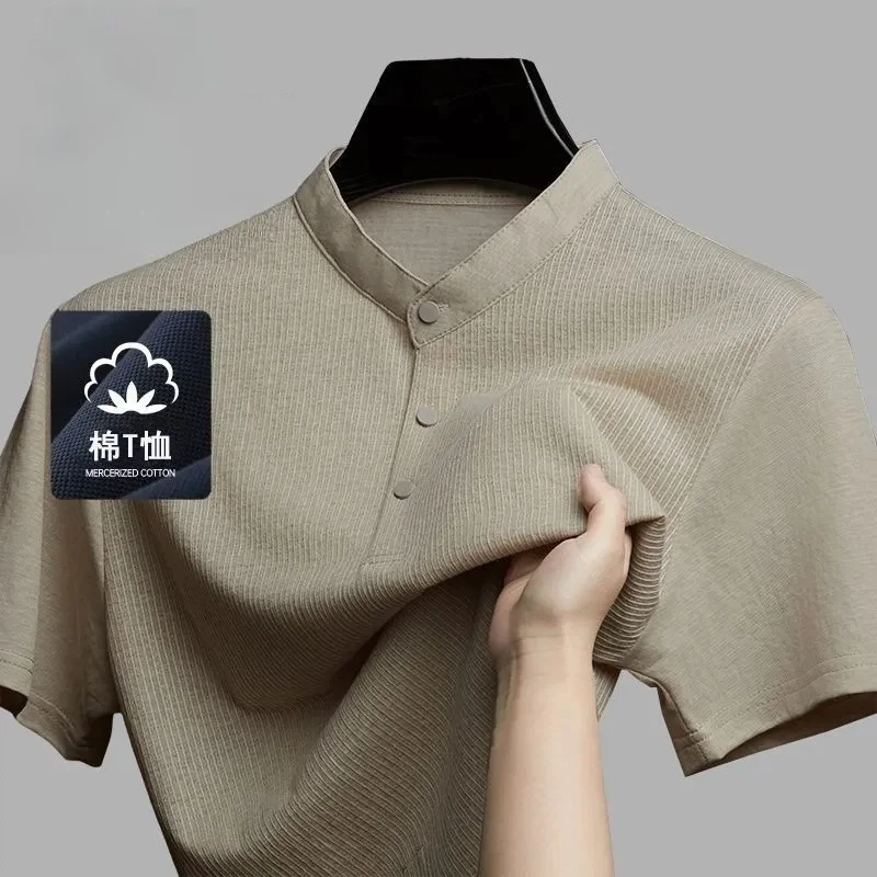 

Мужская рубашка-поло из мерсеризованного хлопка с воротником-стойкой, летняя, повседневная, дышащая, однотонная, с коротким рукавом