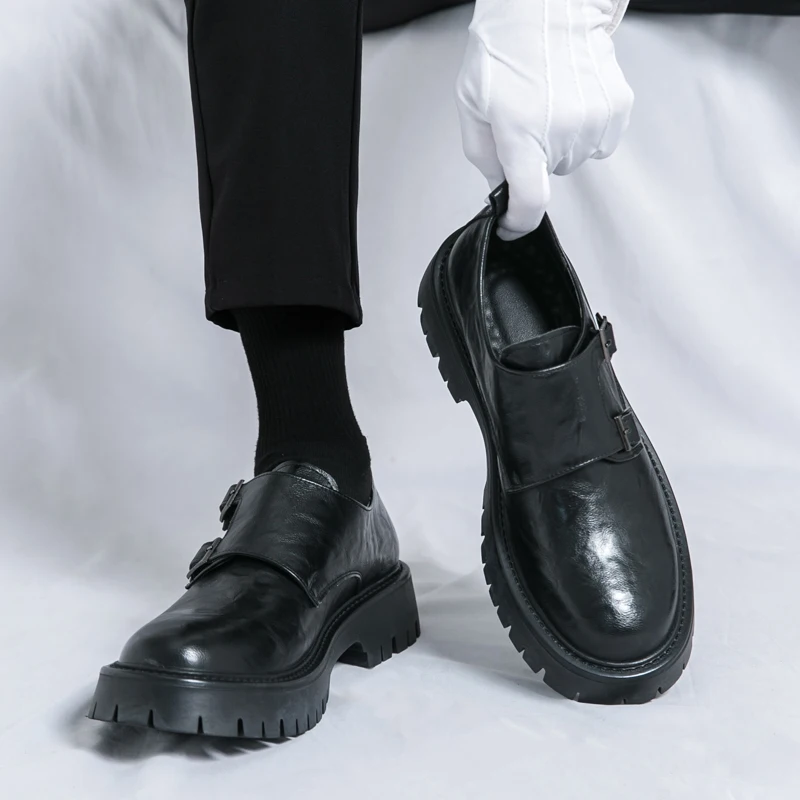 STRONGSHEN Men Leather Shoes Designer Casual Business Dress Oxfords Platform Loafers Slip-on Moccasins Thick Sole Wedding Shoes