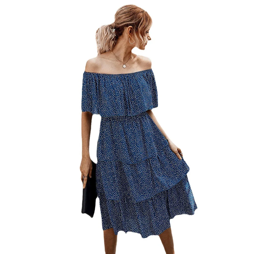 Zagros Women Summer Off Shoulder Floral Print Boho Ruffle Beach Party Dress