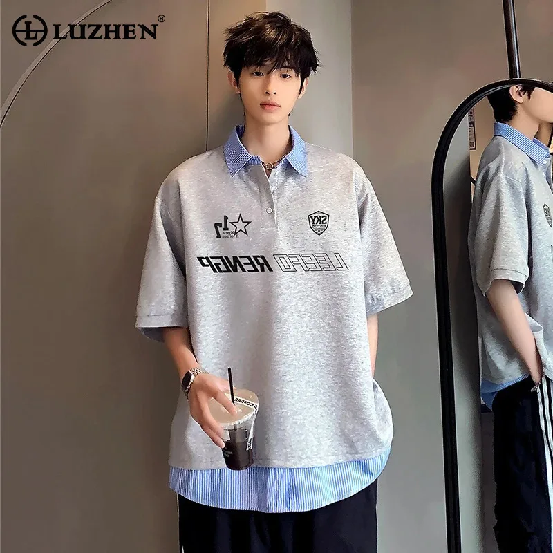 

LUZHEN Piece 2025 New Original Letter Printed Fake Two Short Shirts Men's Fashion Handsome Loose Casual Tops Male Clothes JY2618