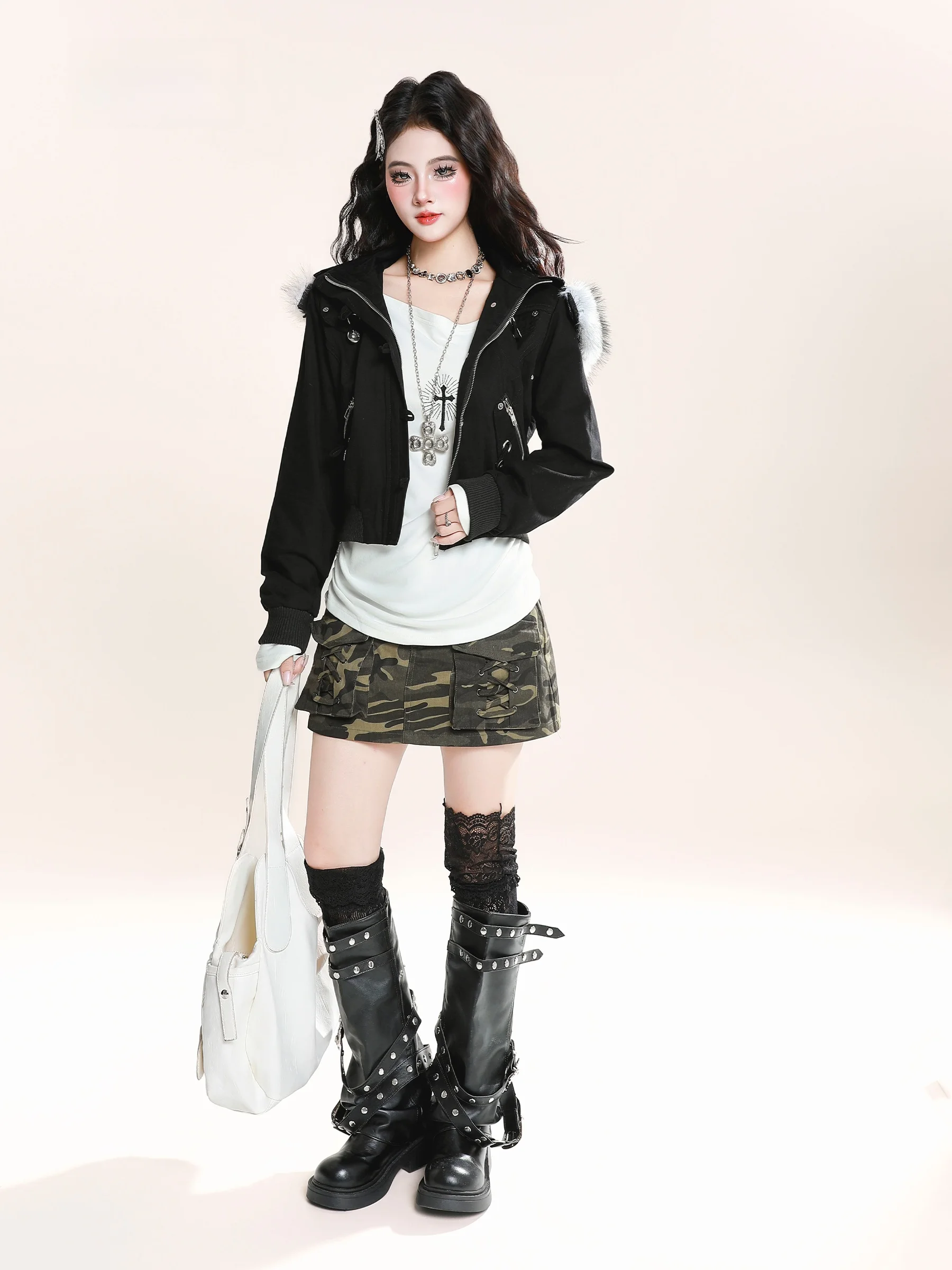 سترة بغطاء للرأس بياقة من الفرو قابلة للفصل من American Sle Hot Girl للسيدات لخريف جديد خفيف الوزن بقصة ضيقة وعصرية #3