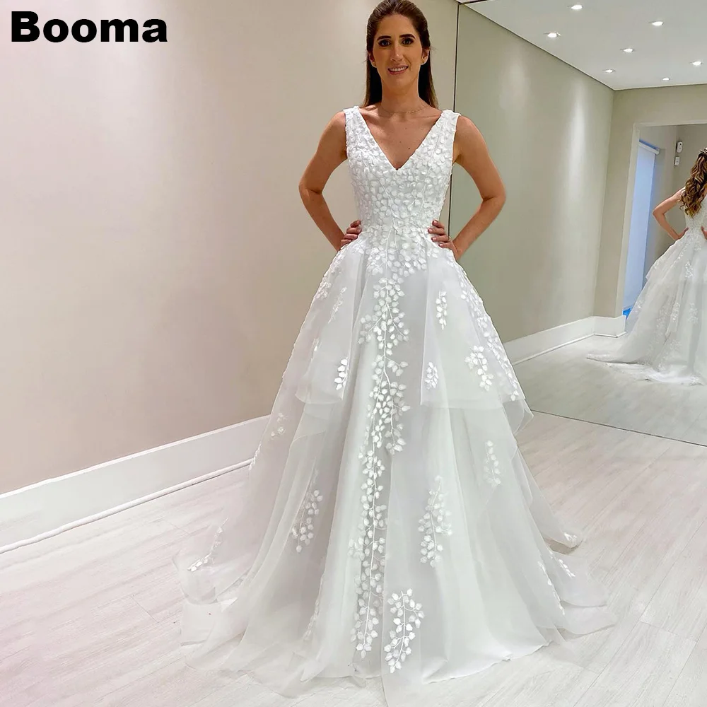 Booma-Robes de mariée A-ligne pour la fête de mariage, appliques à col en V, tulle à plusieurs niveaux, robes de mariée pour femmes, mariée élégante, quoi que ce soit, 2023