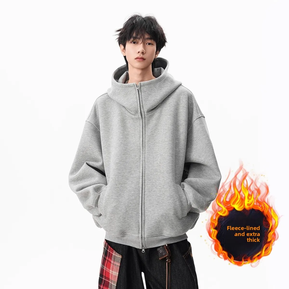 

American Style Thickened Hooded Open Cardigan Sweatshirt Trendy Brand Silhouette Stand Collar Jacket Thickened Sports Coat