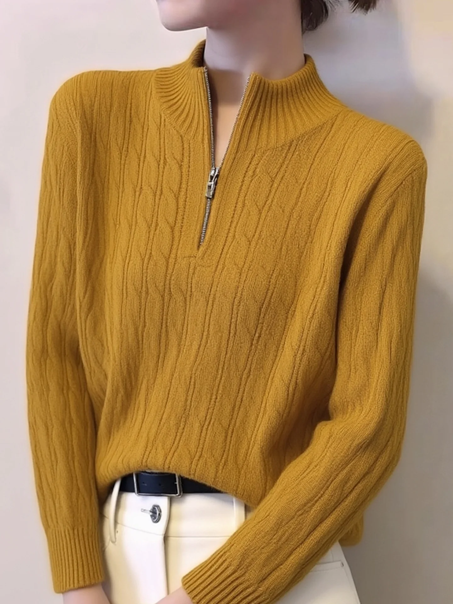 เสื้อไหมพรมถักแบบมีซิป แขนยาว สีสันหลากหลาย สไตล์เกาหลี ทรงตรง เหมาะสำหรับใส่ไปทำงาน