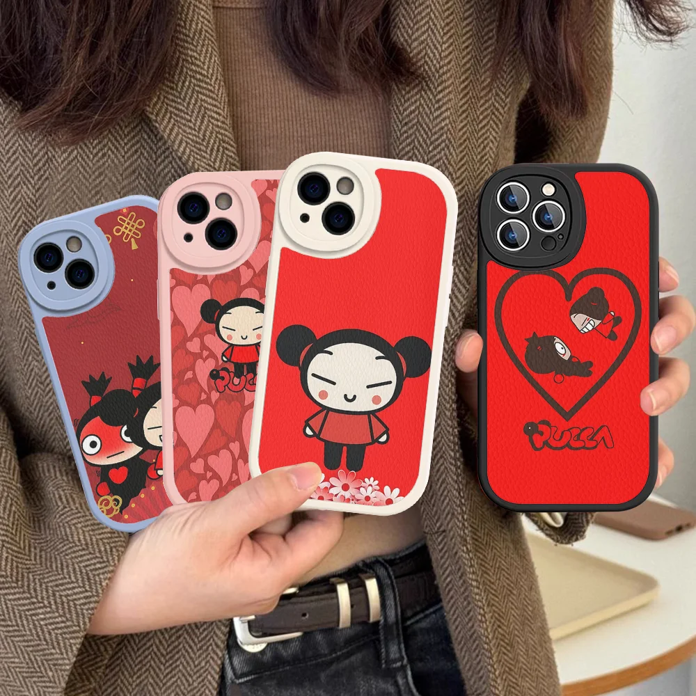 P-Pucca G-Garu Cute Phone Case Hard Leather For IPhone 16 15 14 13 12 Mini 11 14 Pro Max Xs X Xr 7 8 Plus Fundas