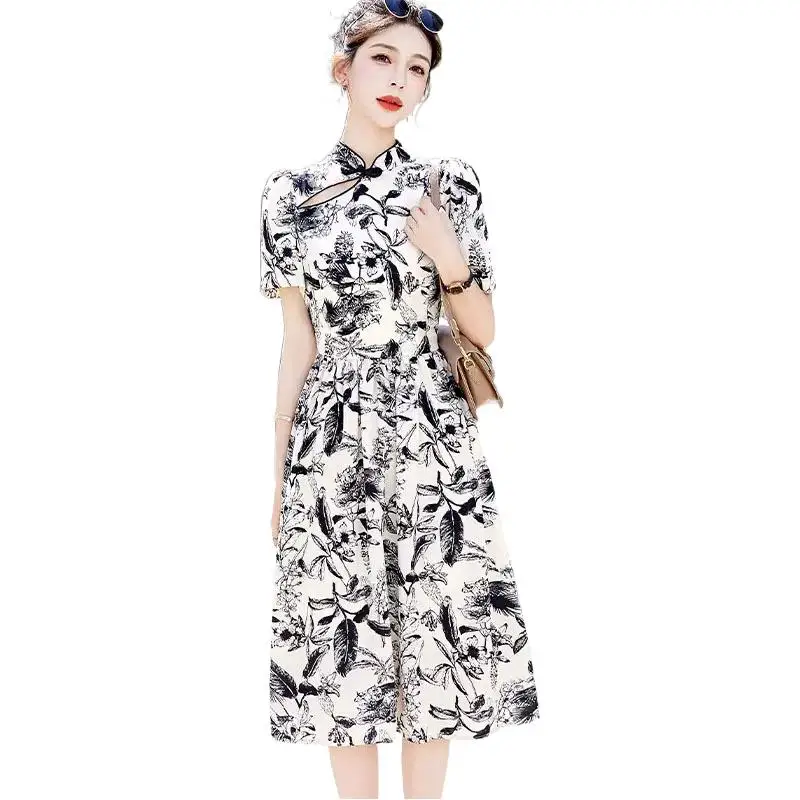 

New Chinese Style Improved Qipao Dress Women's Summer 2023 Slim Fit Retro Printed Skirt Short Sleeve Mid Length Version A-line S