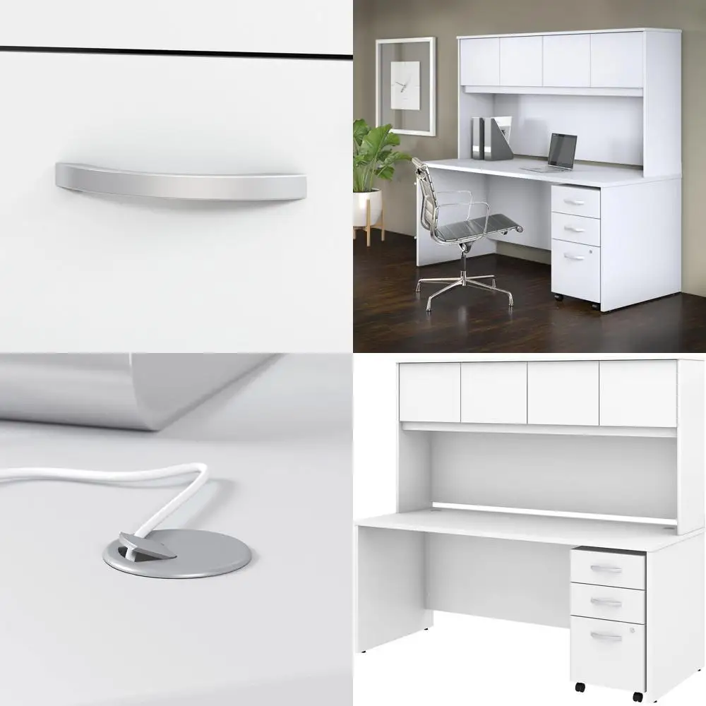 

Large White Office Desk with Hutch and Mobile File Cabinet, Ideal for Home or Professional Workspace
