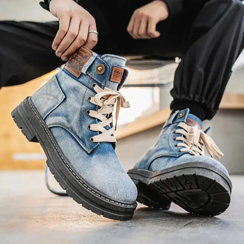 أحذية رجالية عالية الجودة جديد 2025 الدنيم أحذية الدانتيل المشي أحذية السفر للرجال منصة الموضة حذاء من الجلد أحذية رجالي Zapatos