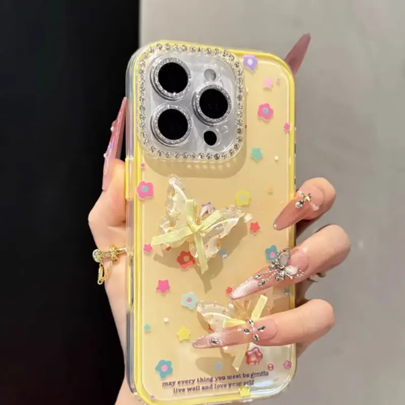 

Модный чехол для телефона для девочек ярких цветов с инкрустацией бриллиантами и бабочкой для iPhone 17, Promax 16, 15, Pro, 14, 13, 12, задняя крышка с защитой от падения