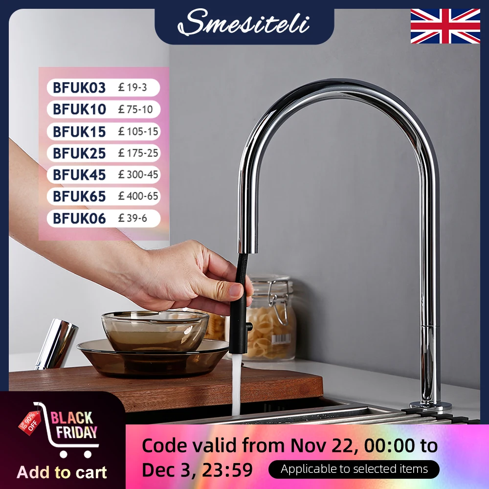 Bathroom Kitchen Basin Faucet Deck Mounted Hot & Cold Water Smesiteli Chrome and Black Single Handle Dual Hole Pull Out