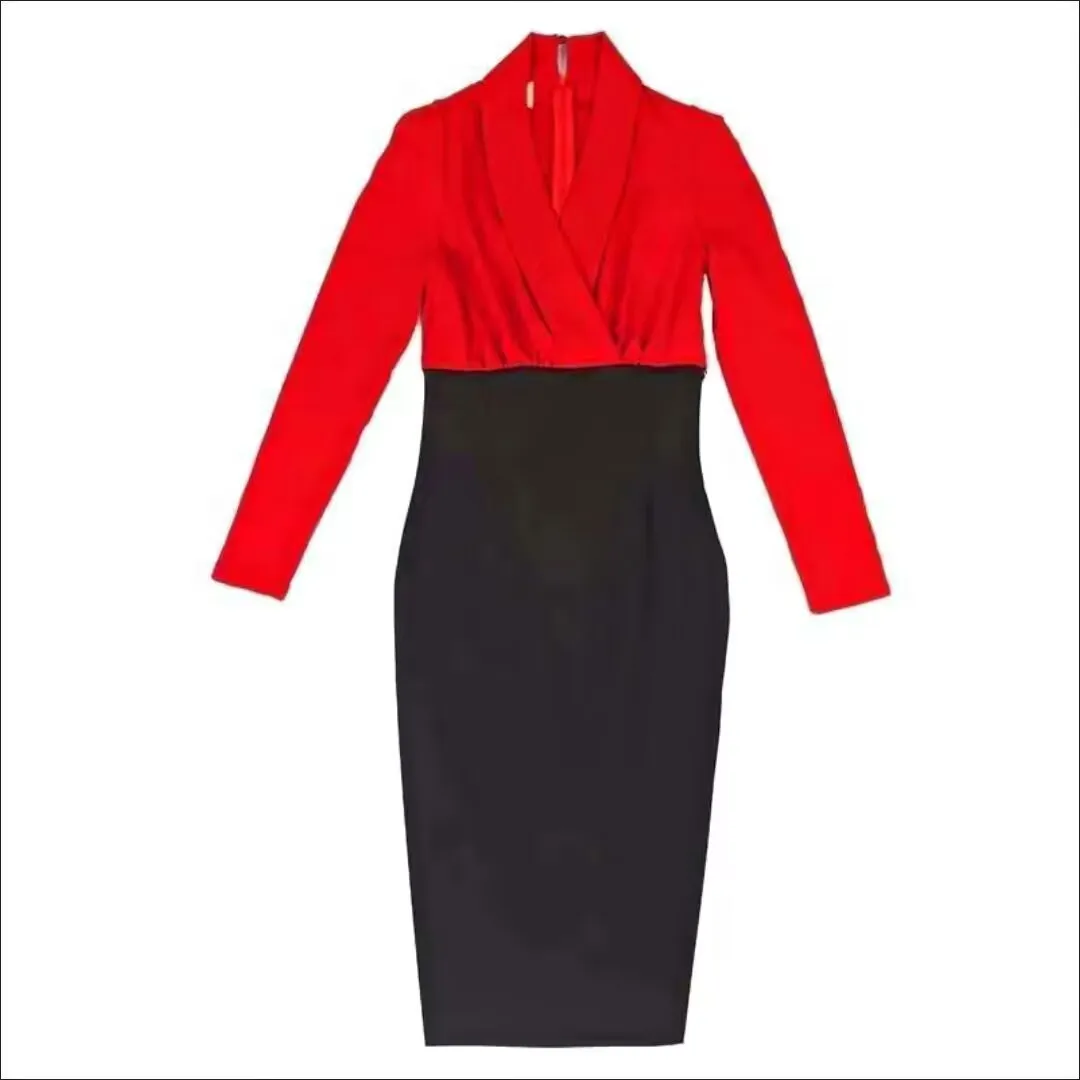 Spring Elegant Midi Dresses for Women Office Lady OL Profession Dress Red Black Panelled Slim Vestido Business Robe Female