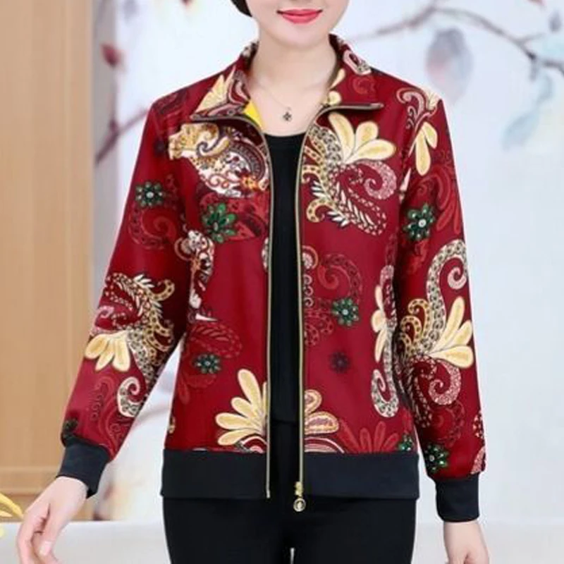 Autumn Middle-aged and Elderly Women Fashion Vintage Print Zipper Jacket Ladies Elegant Casual Long Sleeve Pocket Outerwear Coat