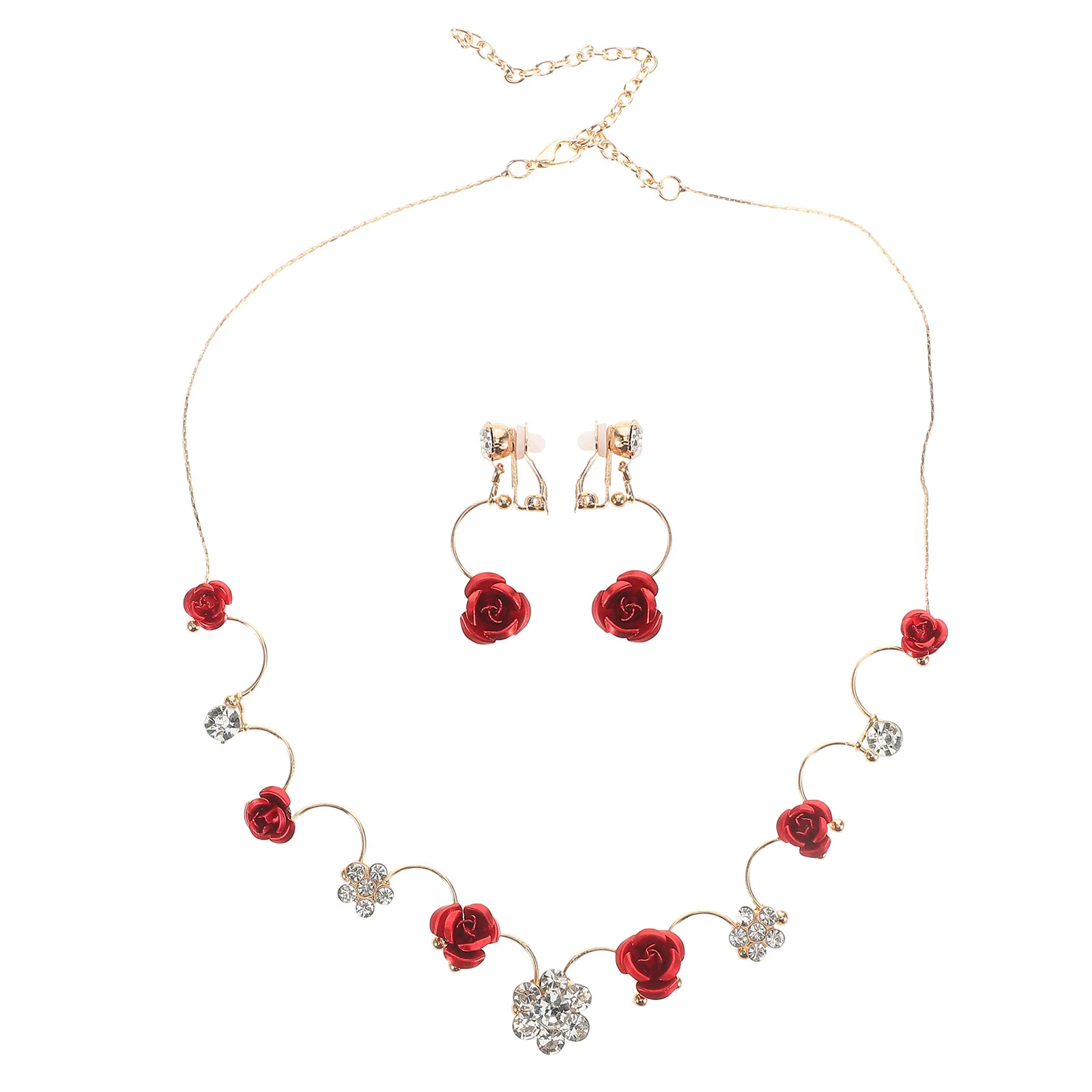 Set di gioielli per bambini Collana con fiori rossi Orecchini Lega di plastica Accessori per ragazze affascinanti per spettacoli di spettacoli