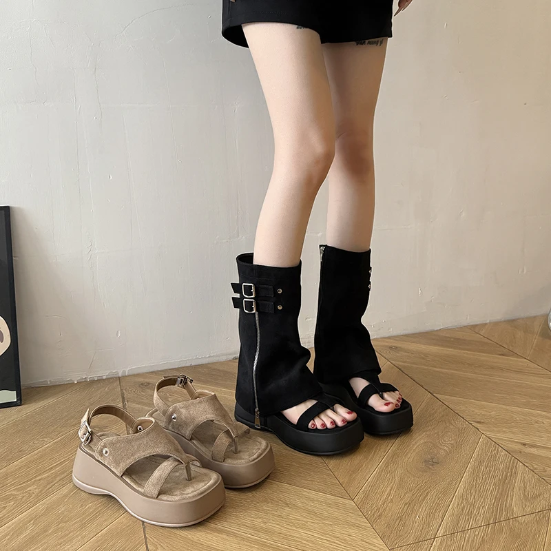 Women Suede Mid Calf Pants Boots Open Toe Flip Flop Platform Double Buckle Zip Chunky Lug Sole Summer Casual Boot Sandals Shoes view 4