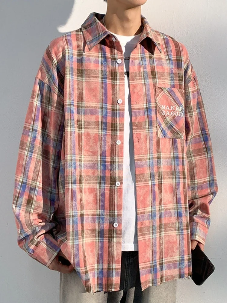 

Розовая клетчатая мужская рубашка в американском ретро-стиле, с длинным рукавом, для пар, весна-осень, повседневная, свободного кроя, молодежная мода