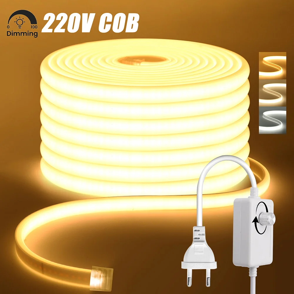 Dimmable COB LED Strip Light 220V Dimmer Switch EU Power Plug Kit 288LED 3000K 4000K 6000K RA90 Flex Waterproof Linear Lighting