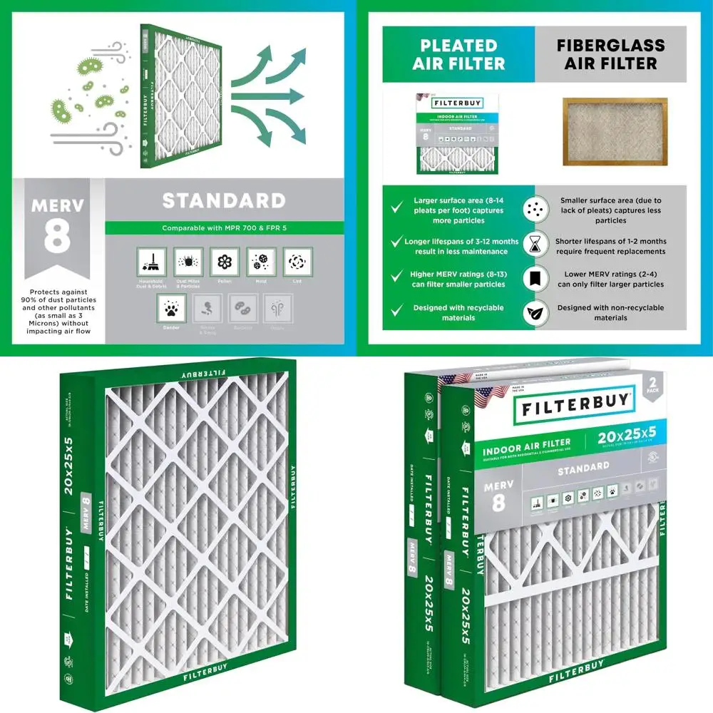 

20x25x5 MERV 8 Air Filter for Dust & Allergy Relief, 2-Pack, Compatible with HVAC AC Furnace Filters
