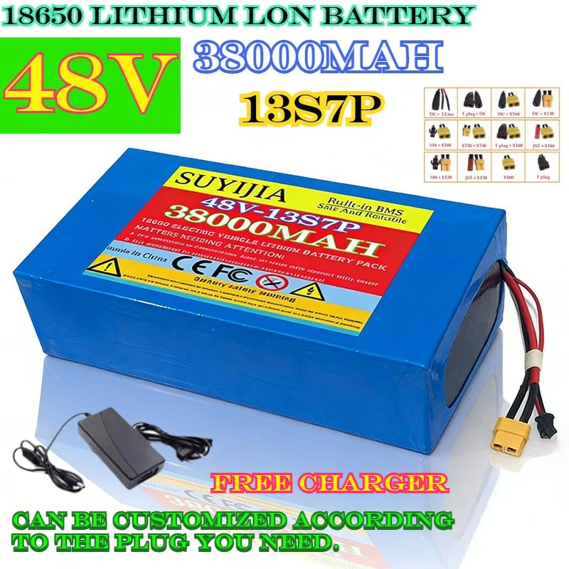 

Original New 48V 38Ah XT60 13S7P Lithium-ion Battery Pack 48V 38000mAh 2000W Electric Battery Pack, Built-in 60A BMS