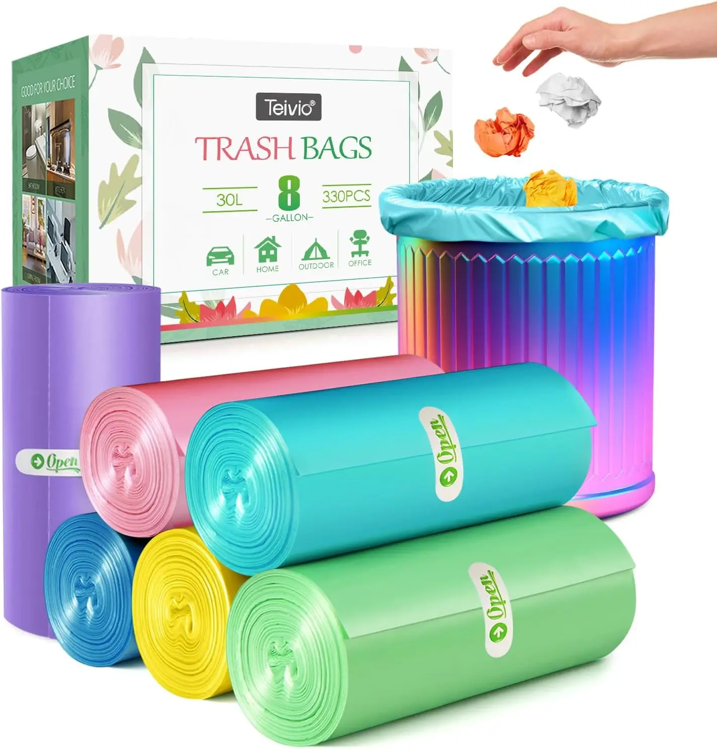 

8 Gallon 330 Counts Clear Colorful Trash Bags, Fit 25-30L Trash Cans for Home Office Kitchen Bathroom