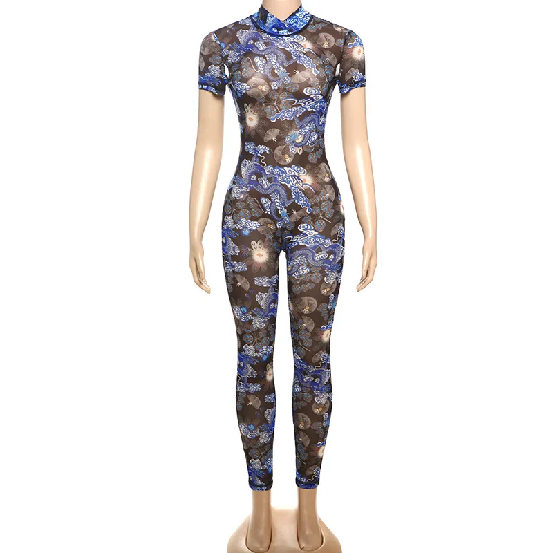 スタイリッシュな女性向け花柄プリントメッシュジャンプスーツ 2025年夏 レディース 半袖 スタンドネック ボディコン バックレス シースルー セクシー オーバーオール