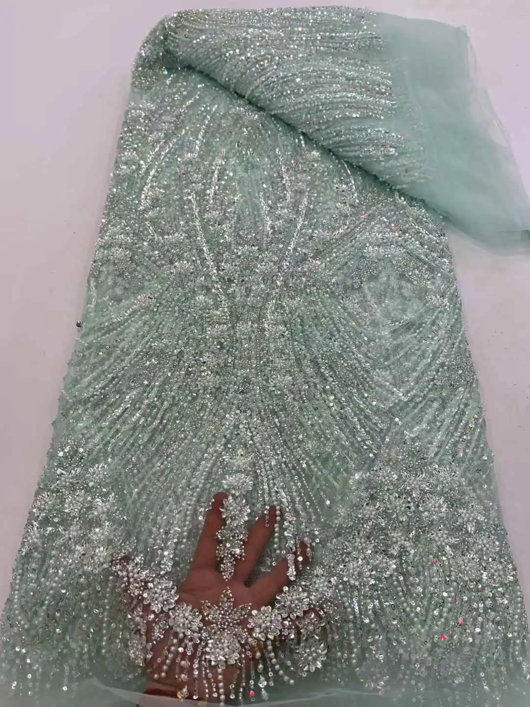 African Beaded Lace Tulle Fabric Heavy Handmade Swiss Sequin Fabric Nigerian Wedding Prom Dress Sew High Quality -XC