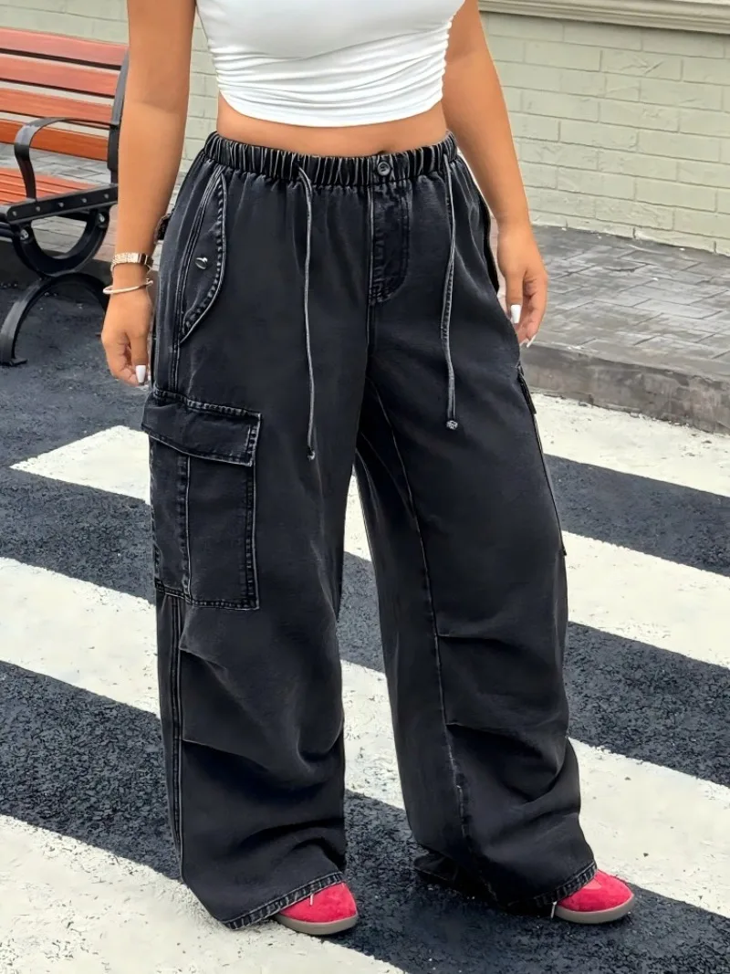 

KEXU Plus Size Pants Oversized Work Pants with Distressed Drawstring High Waist Loose Fit Wide Leg Jeans Multiple Pockets