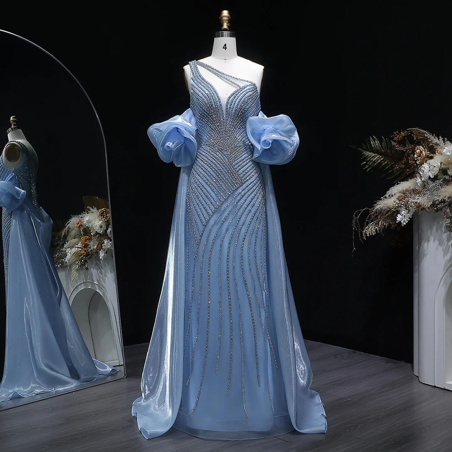Sharon Said Dubai Luxuriöses Einschultriges Abendkleid mit Langer Schleppe, Stark Perlenbestickt, Saudi-Arabisches Damen-Abendkleid SS016 Maßanfertigung – Detail 3