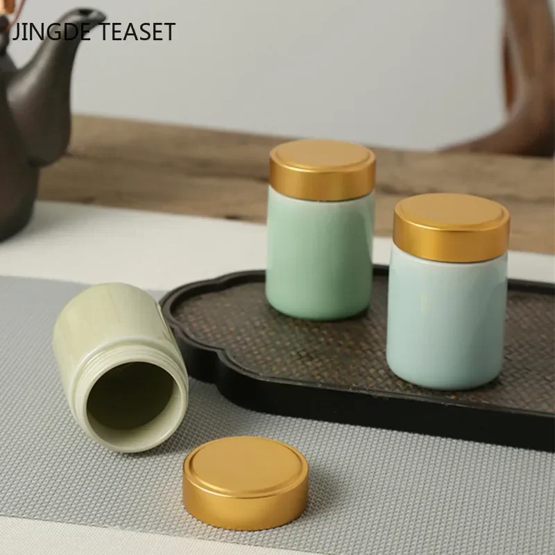 Creative Celadon Small Tea Caddy Portable Sealed Storage Tank Travel Tea Boxes Ceramic Coffee Canister Kitchen Spice Candy Jar