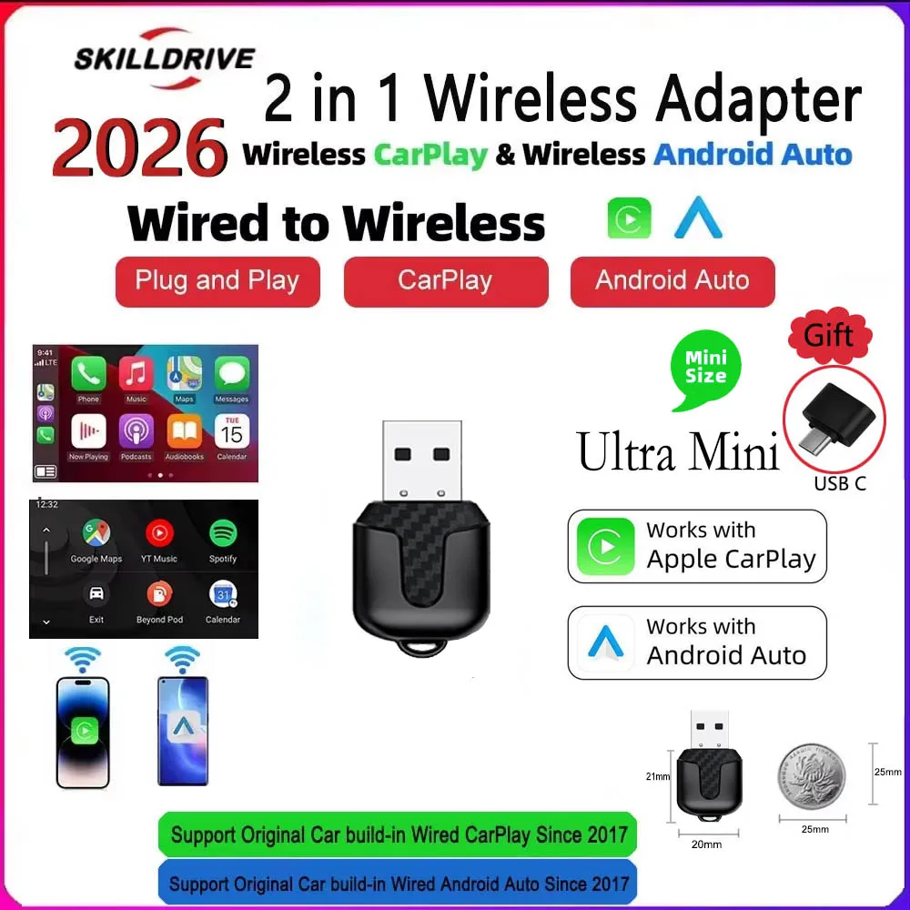 Skilldrive 2026 Ultra Mini 2 in 1 محول CarPlay اللاسلكي Android Auto AI Smart Box نظام ذكي لسيارة CarPlay السلكية