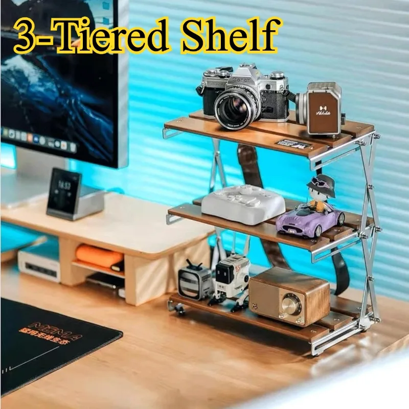 Soporte de 3 Niveles para Consola de Juegos, Estante de Almacenamiento Plegable para Camping, Organizador de Escritorio, Estante de Madera Multifuncional para Interiores y Exteriores