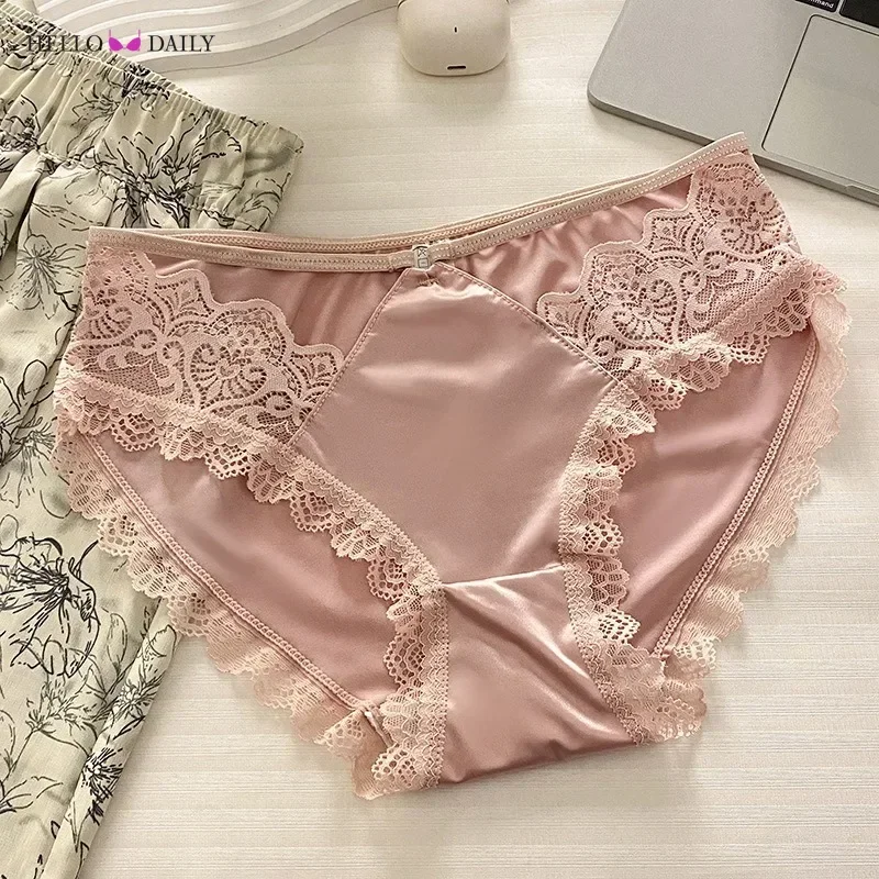 New French Style Sexy Lace Panties Women\'s Thin Hollow Out Pure Cotton Crotch Breathable Mid-low Waist Satin Underwear