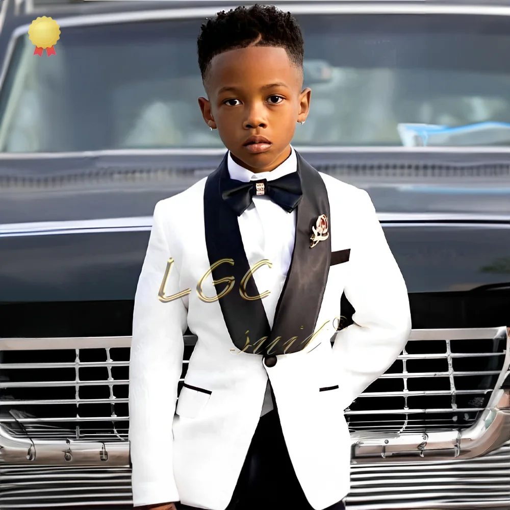 Boys single button black shawl collar printed suit dress 2 piece set, fashionable wedding party banquet children's tuxedo