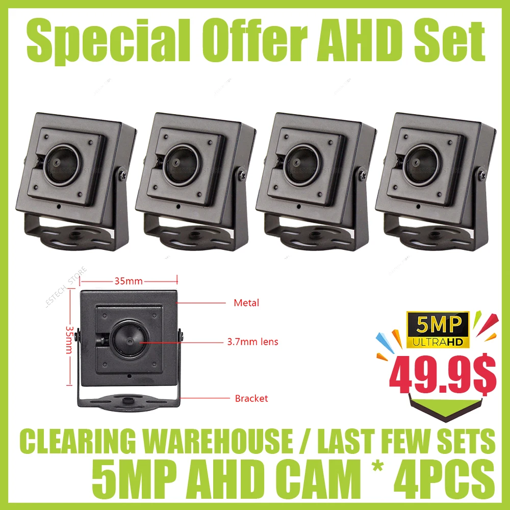 

4Pcs 2560*1920P Metal Cone Lens 5MP 4CH CCTV System AHD Mini Camera KIT OSD 4in1 4MP 5M-N Home Indoor Very Small Security Set