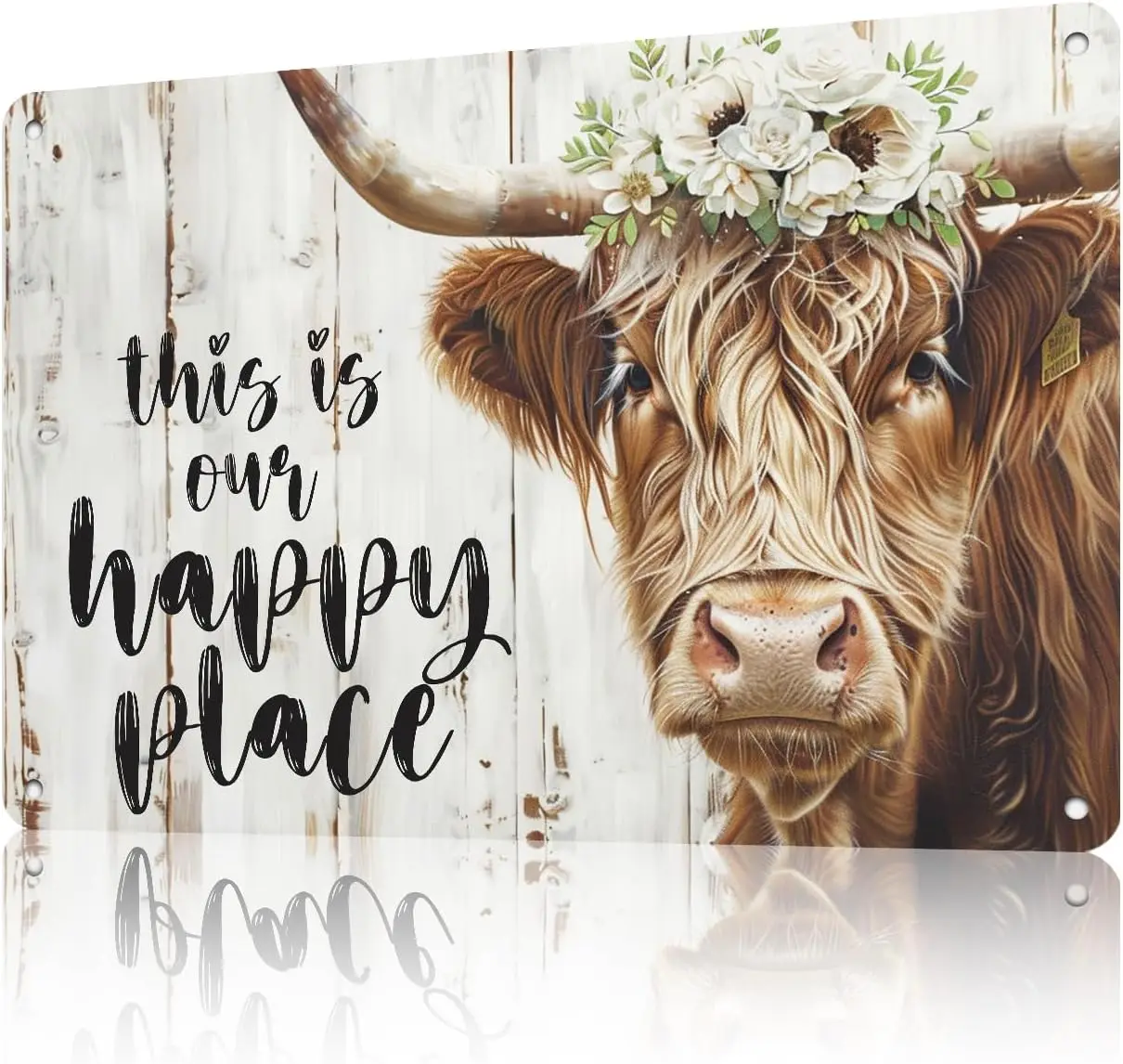 Farmhouse Metal Sign Highland Cow Tin Sign Wall Art This Is Our Happy Place Poster for Home Long Haired Scottish Cow with White