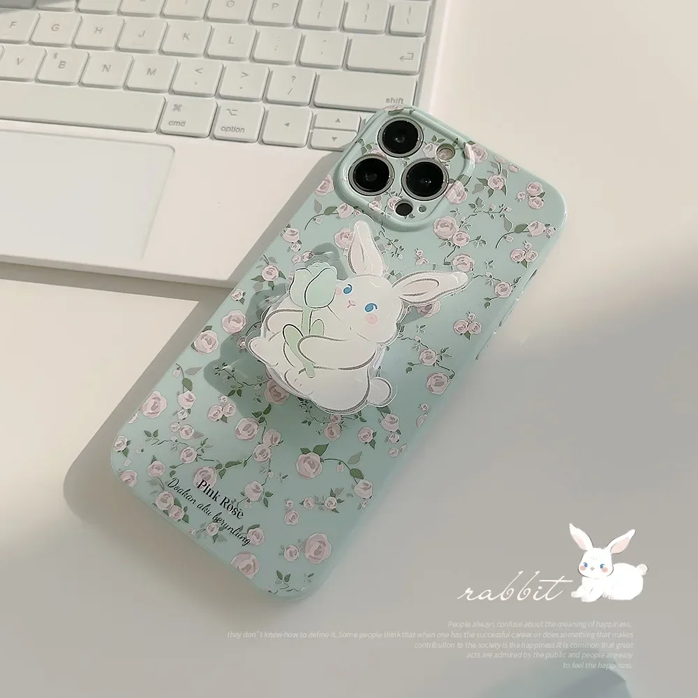 Garden pink rose flowers Rabbit bracket shell Phone Case For iPhone 16 15 14 13 12 Pro Max 16 Plus Case Cute Sweet girls Cover