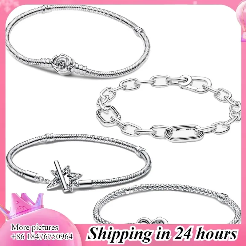 

Classic 925 Sterling Silver Bracelet – Roses, Hearts, Stars & Clasps, Trendy Basic DIY Jewelry