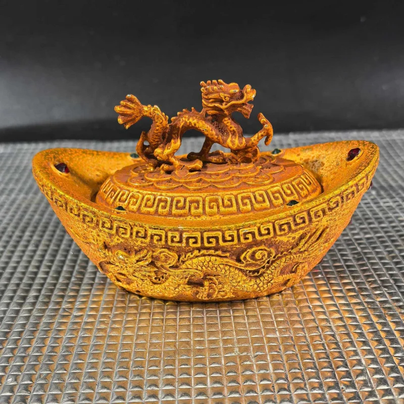 

Brass Treasure Bowl Dragon and Phoenix Motifs, Hollow with Lid, Home Living Room Decoration, Gilded Craft