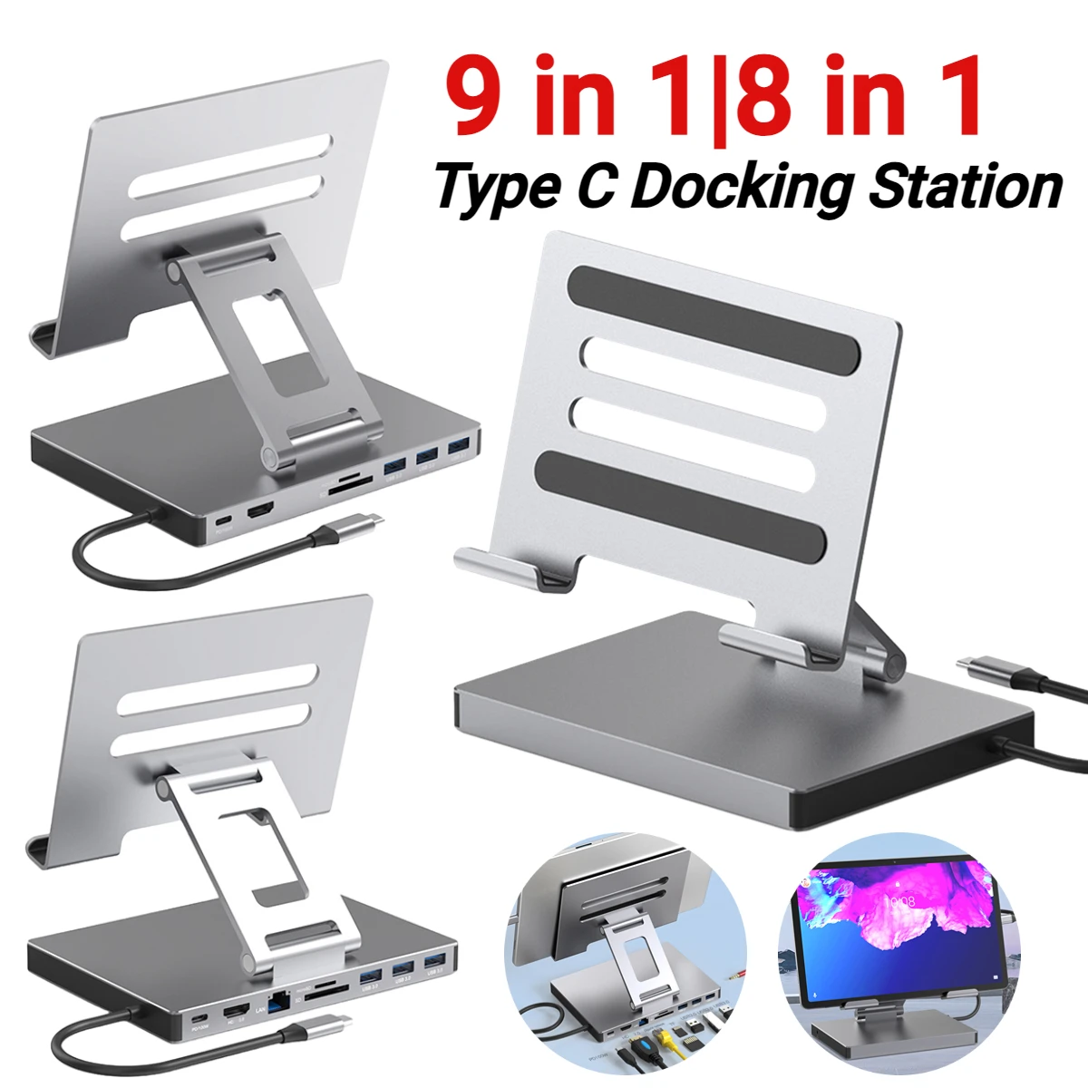 

Type C Docking Station Aluminum Alloy Docking Station Laptop Stand HDMI-Compatible Multiple Ports Hub PD USB3.0 Gigabit Ethernet