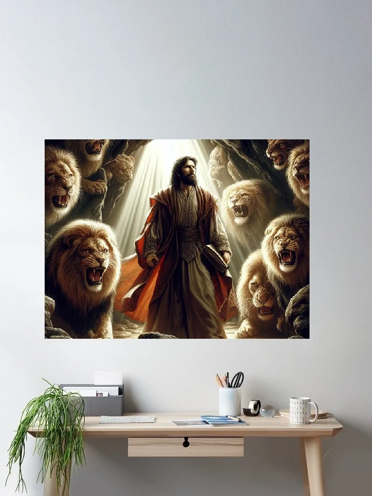 Daniel in the lions, Print Art Canvas Poster, For Living Room Decor, Home Wall Picture