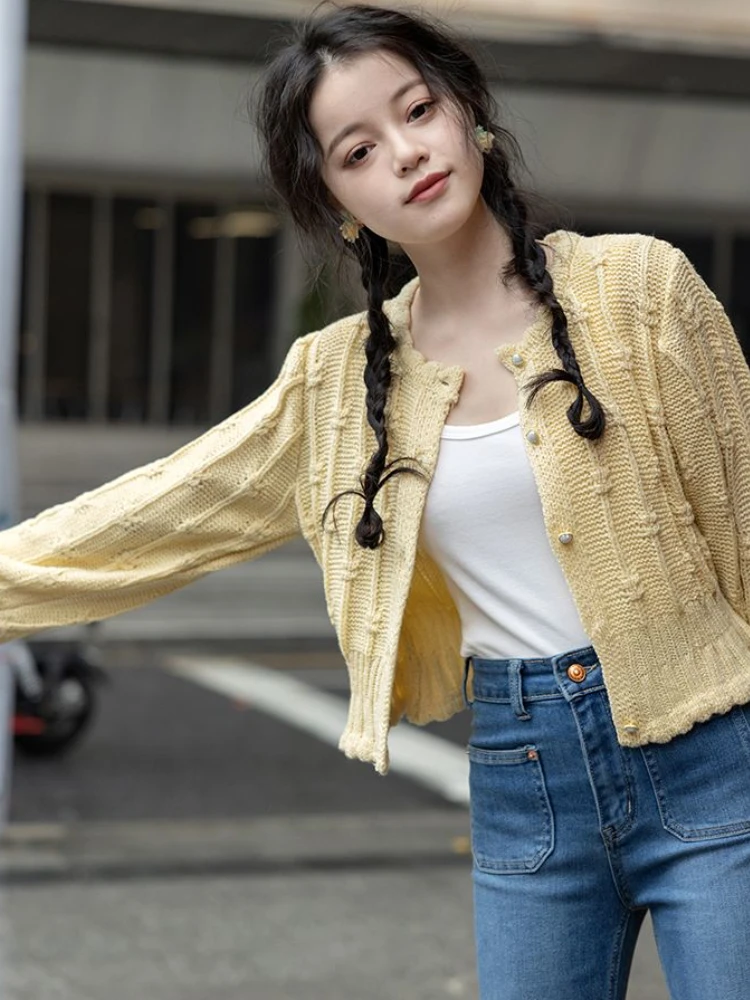 Cardigans Women Chic Korean Style New Design Autumn Elegant Knitwear Young Sweet Girls Ruffled Collar Simple Soft Warm All-match