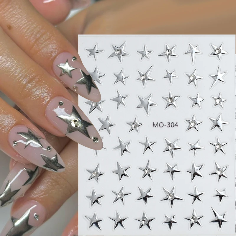 3D Metallic Silver Five-Pointed Star Series Nail Art Stickers Pentagram Nail Decoration Slider Decals DIY Accessory