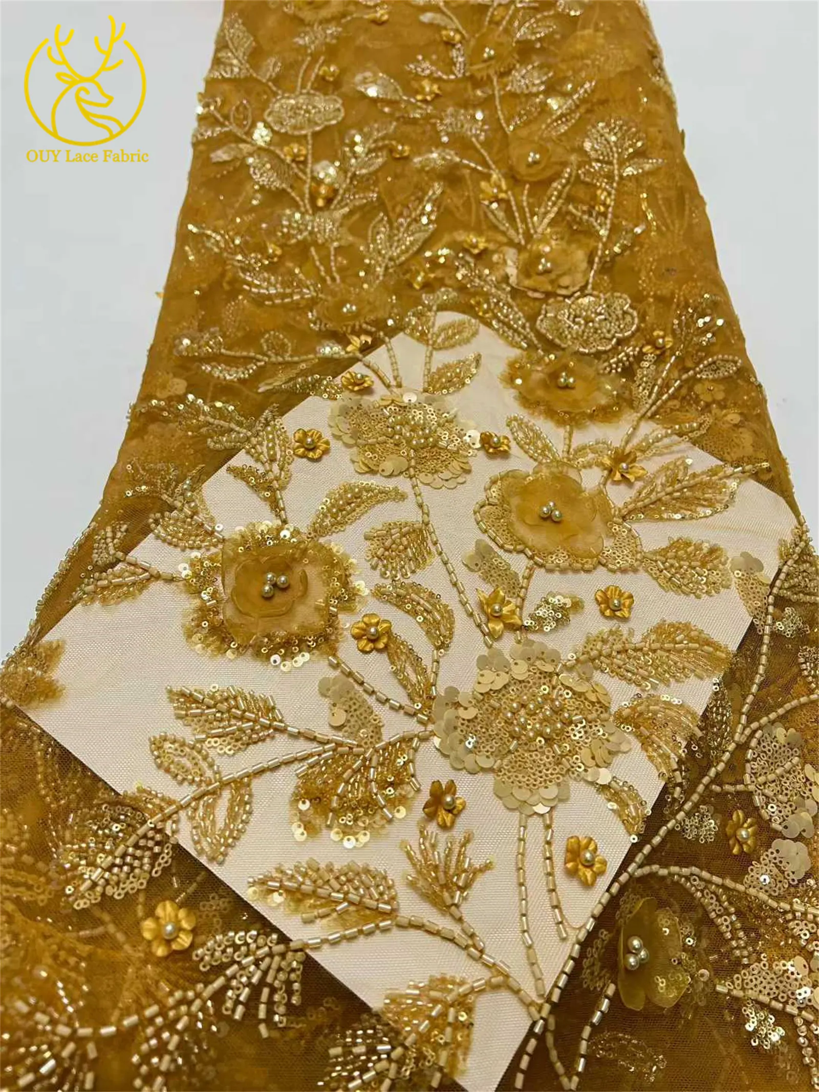 Afrikanischer 3D-Blumen-Handperlen-Spitzenstoff 2026 Hochwertiger Französischer Stil Nigerianischer Pailletten-Spitzenstoff Ideal für Partykleider – Detail 11