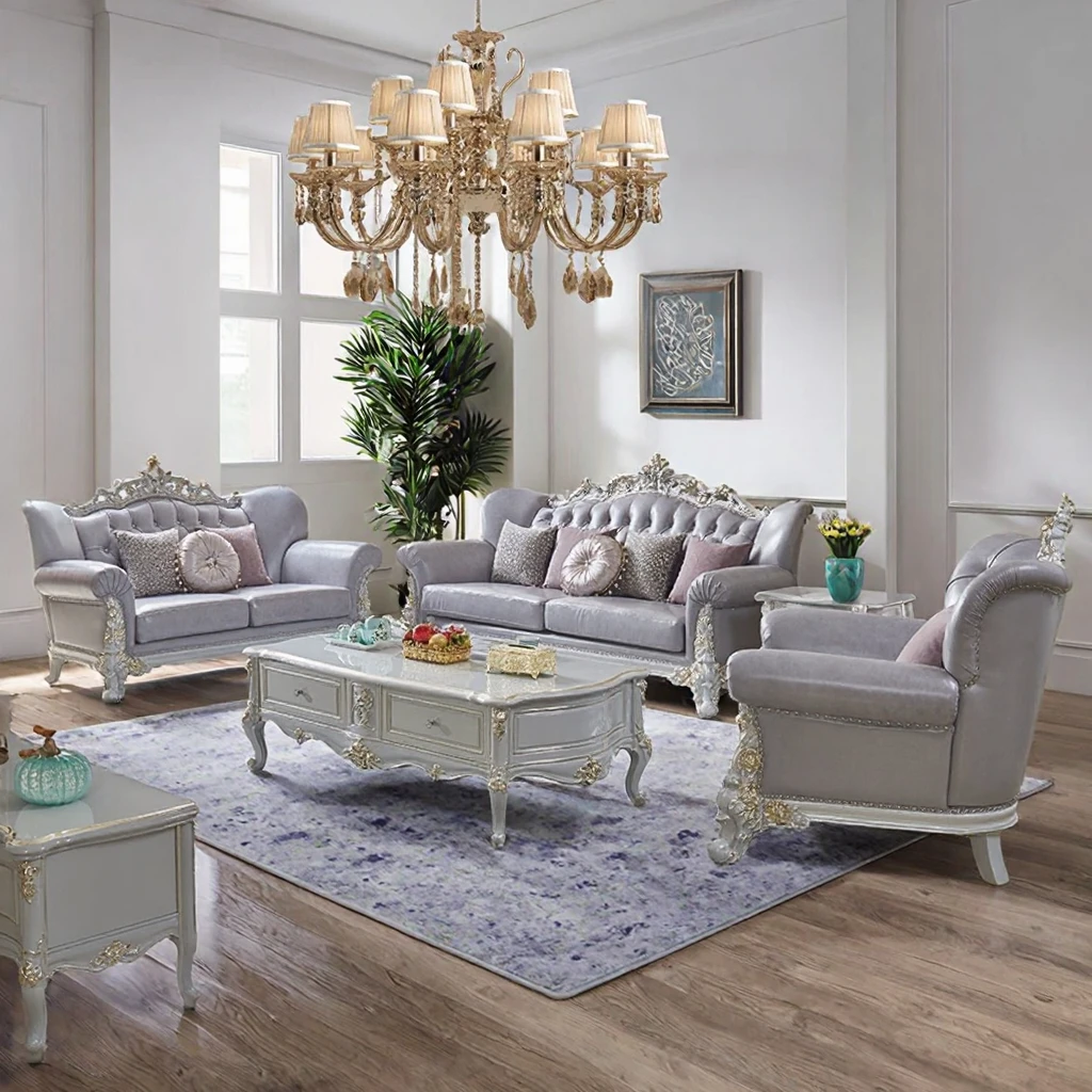 #French Design Gold Foil Craftsmanship Luxury Italian Palace Solid Wood Carved Sofa with Sponge Filling Material