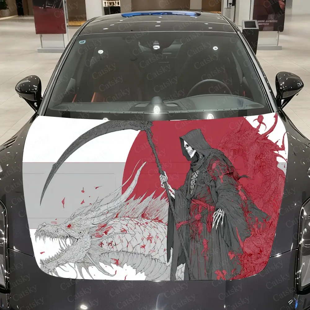 

Spooky Grim Reaper Dragon Car Cover Decal, Auto Hood Sticker, Waterproof and Self-adhesive Auto Vinyl Wraps, Cool Car Exterior D