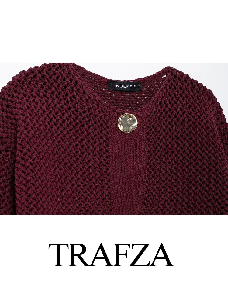 TRAFZA Kobiety Jesień Moda Sweter Płaszcze Wino Czerwone O-Neck Długie Rękawy Kieszenie Guziki Jednorzędowy Kobiecy Luźny Płaszcz Casualowy