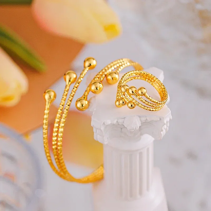 9999 Real Gold 24K Light Luxury Premium French Personality Multi-circle Simple Phoenix Tail Bracelet Ring Set Gold Jewelry