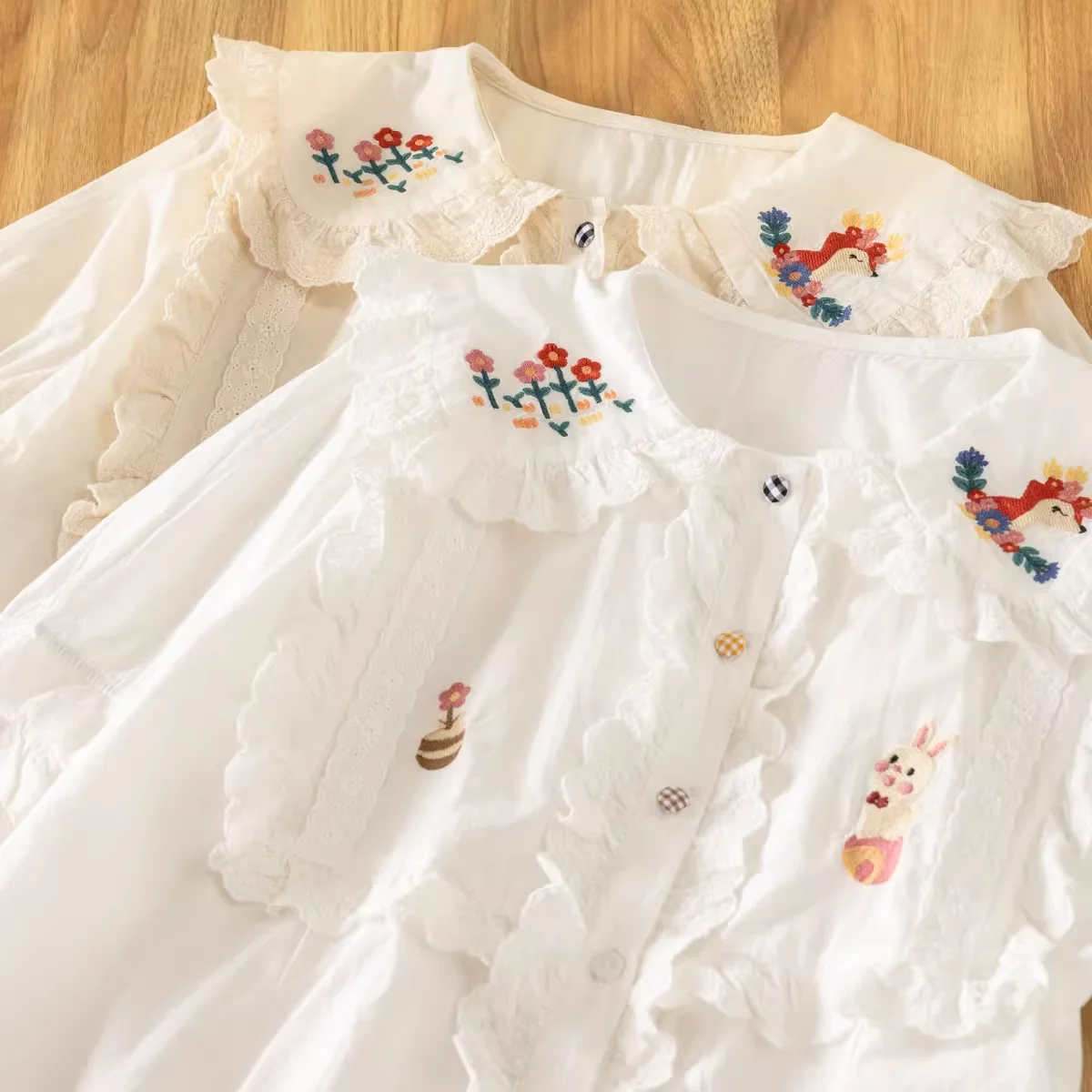 

2025 Mori kei clothing sweet lolita peter pan collar lace patchwork cartoon embroidery shirts cotton short sleeve blouses